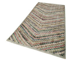 Checkered Kilim White Cotton Wool Handmade Area Rug 4'6'' x 9'1''