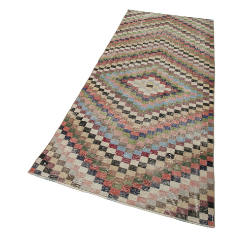 Checkered Runner White Geometric Cotton Wool Handmade Area Rug 3'3'' x 7'9''