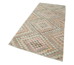 Handmade Area Rug – Checkered Kilim Cotton Wool Rug | Neutral Beige Vintage Carpet 3'10''x8'10''