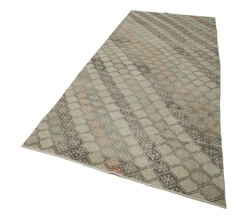 Checkered Runner Beige Geometric Cotton Wool Handmade Area Rug 4'6'' x 11'2''
