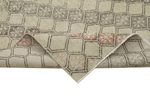 Checkered Runner Beige Geometric Cotton Wool Handmade Area Rug 4'6'' x 11'2''