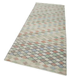 Checkered Runner Beige Geometric Cotton Wool Handmade Area Rug 3'4'' x 9'1''