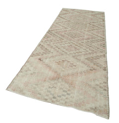 Checkered Runner Beige Geometric Cotton Wool Handmade Area Rug 3'9'' x 10'4''