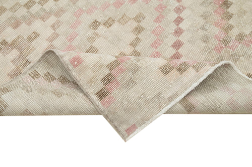 Checkered Runner Beige Geometric Cotton Wool Handmade Area Rug 3'9'' x 10'4''