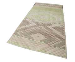 Checkered Kilim White Cotton Wool Handmade Area Rug 4'4'' x 9'6''