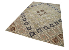 Handmade Area Rug - Checkered Kilim Beige Cotton Wool Flat Weave Carpet 5'8"x9'1"