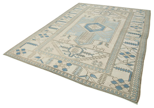Handmade Area Rug - Blue Classic Cotton Wool 7x10 Vintage Turkish Carpet