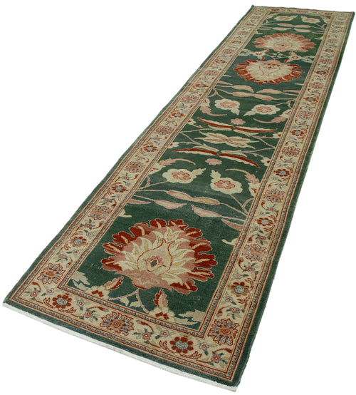 Tebriz Green Classic Cotton Wool Handmade Area Rug 3'0'' x 12'0''