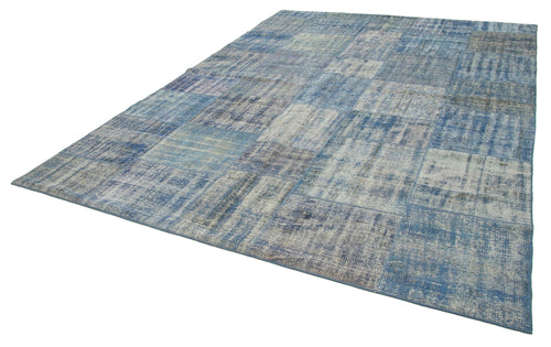 Handmade Area Rug - Blue Patchwork Cotton Wool Vintage Turkish Carpet 8'0" x 11'5"