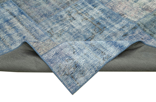 Handmade Area Rug - Blue Patchwork Cotton Wool Vintage Turkish Carpet 8'0" x 11'5"