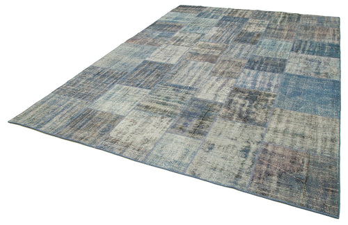 Handmade Area Rug - Blue Patchwork Cotton Wool Vintage Turkish Carpet 8'x11'7''