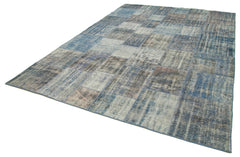 Handmade Area Rug - Blue Patchwork Wool Cotton Carpet, Vintage Turkish Design 8'1"x11'8"