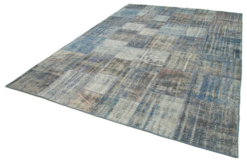 Handmade Area Rug - Blue Patchwork Wool Cotton Carpet, Vintage Turkish Design 8'1"x11'8"