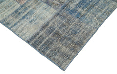 Handmade Area Rug - Blue Patchwork Wool Cotton Carpet, Vintage Turkish Design 8'1"x11'8"