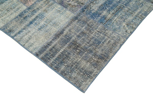Handmade Area Rug - Blue Patchwork Wool Cotton Carpet, Vintage Turkish Design 8'1"x11'8"