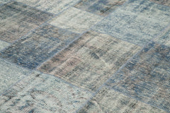 Handmade Area Rug - Blue Patchwork Wool Cotton Carpet, Vintage Turkish Design 8'1"x11'8"
