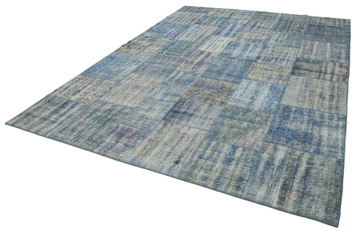 Handmade Area Rug - Blue Patchwork Cotton Wool Vintage Hand Woven Carpet 8'2''x11'5''
