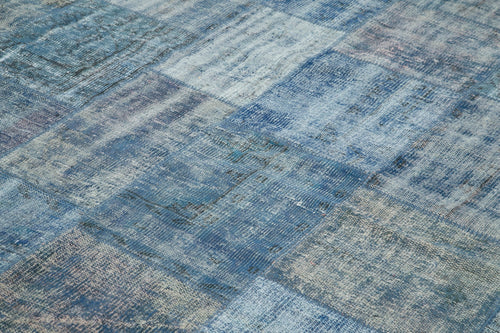 Handmade Area Rug - Blue Patchwork Cotton Wool Vintage Hand Woven Carpet 8'2''x11'5''