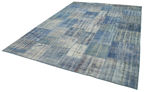 Handmade Area Rug - Blue Patchwork Cotton Wool Carpet, Vintage Turkish Style 8'2" x 11'4"