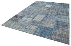 Handmade Area Rug - Blue Patchwork Cotton Wool Vintage Handwoven Carpet 8'x11'5''