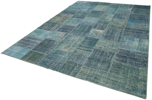 Handmade Area Rug – Blue Patchwork Wool Cotton Carpet, Vintage Turkish Design 8'4''x11'7''