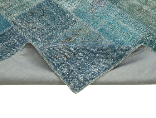 Handmade Area Rug – Blue Patchwork Wool Cotton Carpet, Vintage Turkish Design 8'4''x11'7''