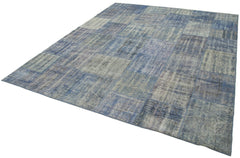 Handmade Area Rug – Blue Patchwork Wool Cotton Carpet 8'x9'9'' Durable Vintage