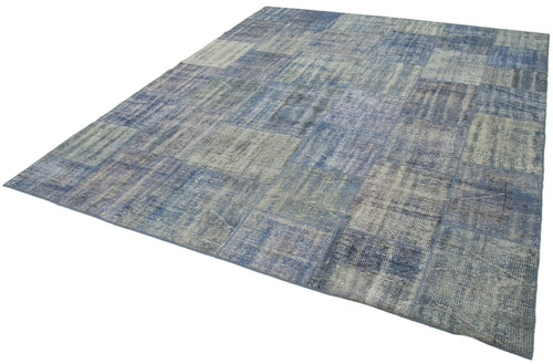 Handmade Area Rug – Blue Patchwork Wool Cotton Carpet 8'x9'9'' Durable Vintage