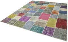 Handmade Area Rug – Blue Patchwork Cotton Wool Vintage Handwoven Carpet 8'2"x9'9"