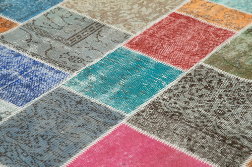 Handmade Area Rug – Blue Patchwork Cotton Wool Vintage Handwoven Carpet 8'2"x9'9"