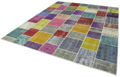 Handmade Area Rug - Blue Patchwork Cotton Wool Vintage Turkish Carpet 8'2''x9'10''