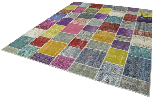 Handmade Area Rug - Blue Patchwork Cotton Wool Vintage Turkish Carpet 8'2''x9'10''