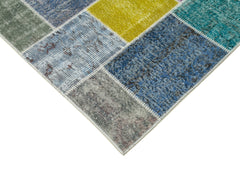 Handmade Area Rug - Blue Patchwork Cotton Wool Vintage Turkish Carpet 8'2''x9'10''