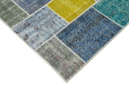 Handmade Area Rug - Blue Patchwork Cotton Wool Vintage Turkish Carpet 8'2''x9'10''