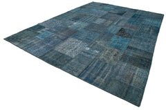 Handmade Area Rug - Kirk Yama Blue Patchwork Wool Cotton Carpet 9'9''x14'0''
