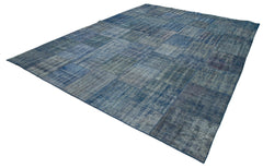 Handmade Area Rug - Blue Patchwork Cotton Wool Vintage Turkish Carpet 9'8''x13'1''