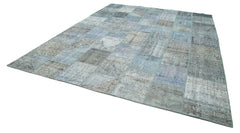 Handmade Area Rug - Blue Patchwork Turkish Wool Carpet 9'11''x13'1'' Durable Cotton & Soft Wool