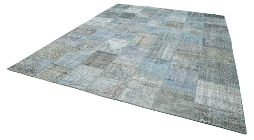 Handmade Area Rug - Blue Patchwork Turkish Wool Carpet 9'11''x13'1'' Durable Cotton & Soft Wool