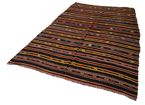 Striped Kilim Black Striped Goat Hair Handmade Rug 6'4'' x 10'7''