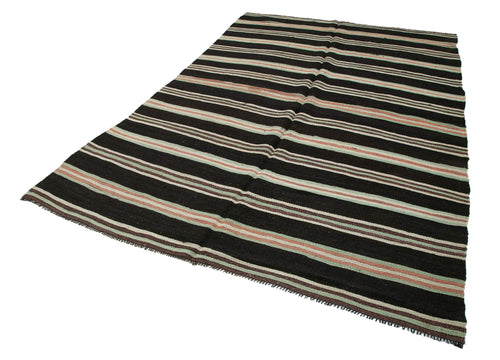 Striped Kilim Black Striped Goat Hair Handmade Rug 6'7'' x 9'7''