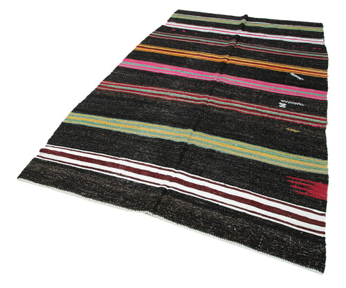 Striped Kilim Brown Striped Goat Hair Handmade Rug 5'7'' x 10'6''