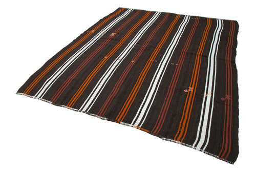 Striped Kilim Brown Striped Goat Hair Handmade Rug 7'1'' x 8'10''