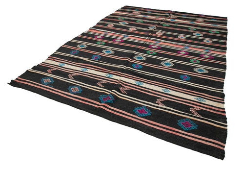 Striped Kilim Brown Striped Goat Hair Handmade Rug 7'10'' x 11'9''