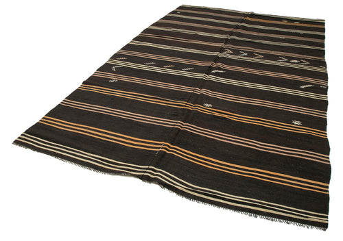 Striped Kilim Brown Striped Goat Hair Handmade Rug 6'8'' x 10'11''