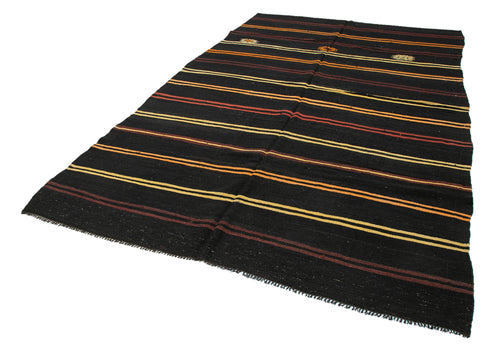Striped Kilim Brown Striped Goat Hair Handmade Rug 6'8'' x 11'4''