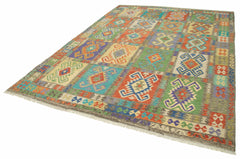 Handmade Area Rug - Green Geometric Cotton Wool Vintage Turkish Carpet 8'7''x11'3''