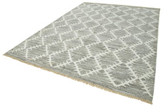 Handmade Area Rug - Grey Geometric Cotton Wool Vintage Hand Woven Carpet 8'4"x11'6"