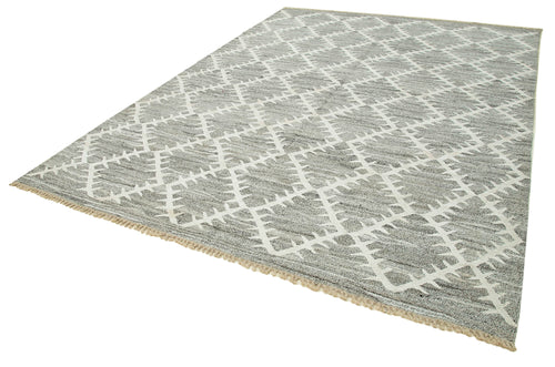 Handmade Area Rug - Grey Geometric Cotton Wool Vintage Hand Woven Carpet 8'4"x11'6"