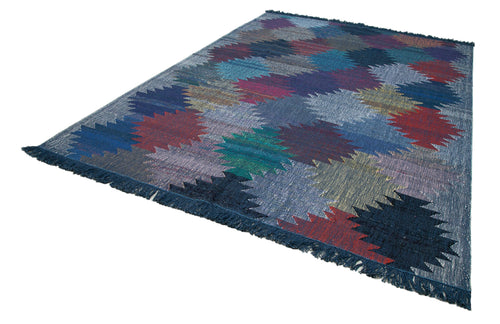 Handmade Area Rug - Blue Geometric Cotton Wool Turkish Wool Rug 8'2''x11'7''