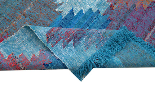 Handmade Area Rug - Blue Geometric Cotton Wool Rug 7'10'' x 12'2'' for Living Room